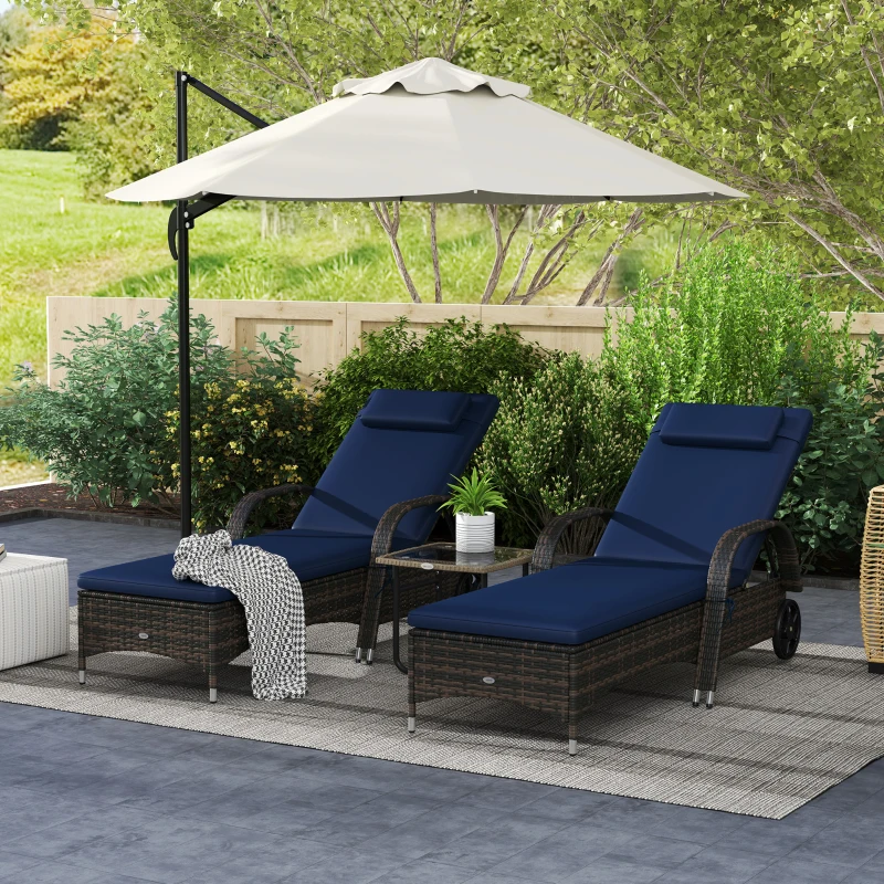 Outsunny 2 Reclining Chaise Lounge Chairs, Rolling Outdoor Chairs with Cushion, Pillow, Headrest, Armrests, and Wheels, Dark Blue