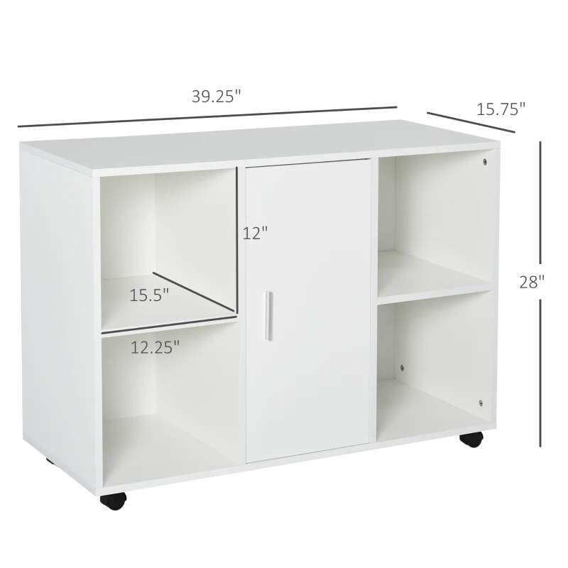 Vinsetto Mobile File Cabinet and Printer Stand for Home Office, Mobile Printer Table with 4 Open Storage Shelves, Door Cabinet, Wheels, White