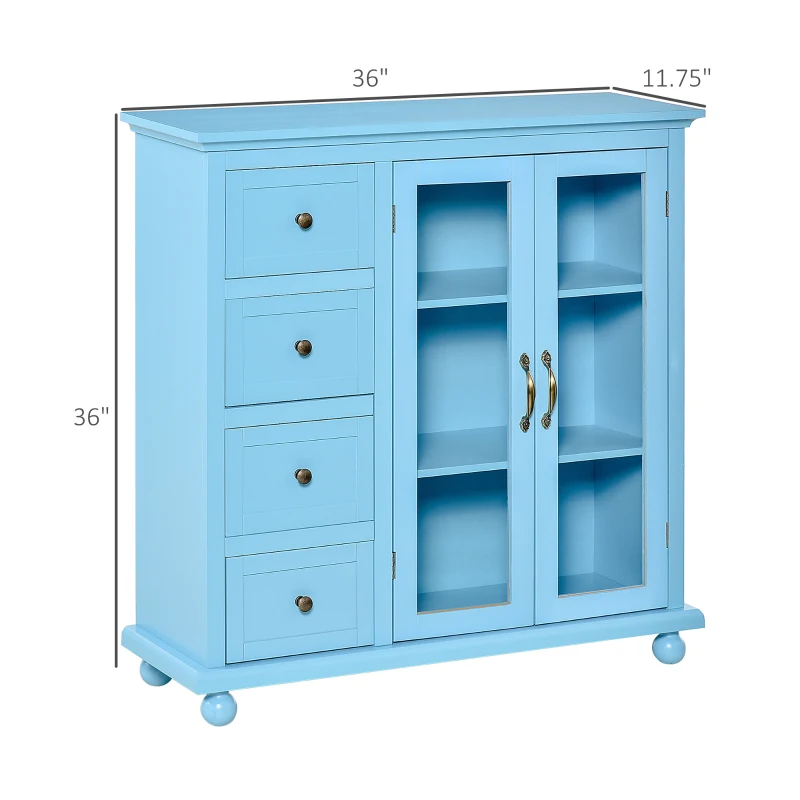 HOMCOM Storage Sideboard Cabinet with 4 Drawers and Glass Door Cupboard, Console Table for Living Room, Kitchen