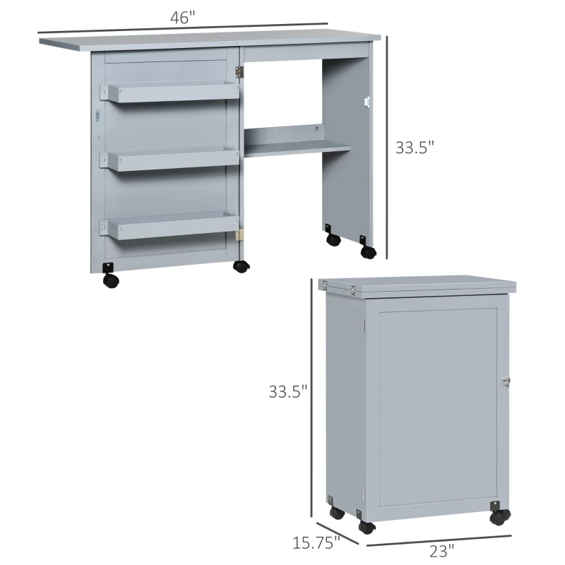 HOMCOM Folding Sewing Table, Rolling Utility Work Station Side Desk with 3-Tier Storage Bins, Shelf, and Lockable Casters, Grey