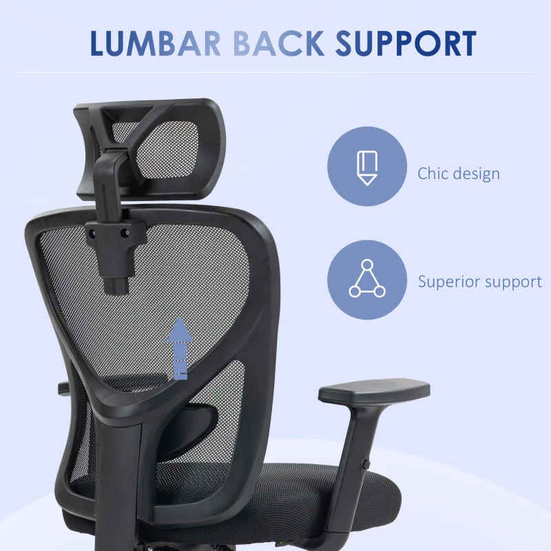 Vinsetto Ergonomic Office Chair, Mesh Desk Chair with Adjustable Headrest, Reclining Backrest, Swivel Wheels, Black