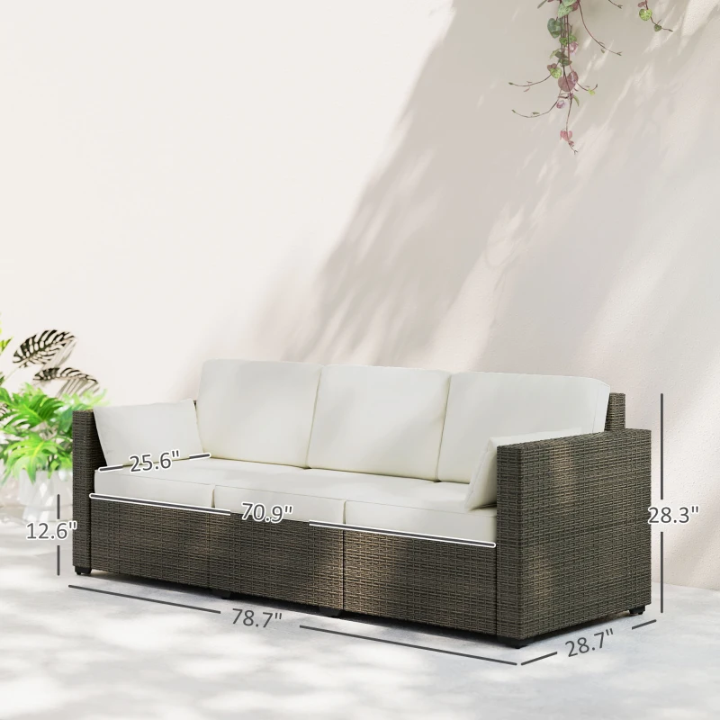 Outsunny Patio Couch PE Wicker Deep Seating Outdoor Sofa with Removable Cushions, 3 Seater Rattan Sofa, Cream White