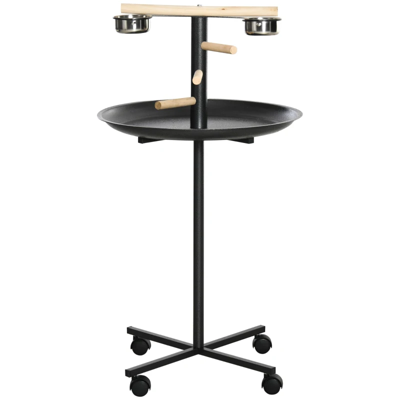 PawHut Portable Bird Play Stand, Parrot Perch Bird Feeder Station with Wheels, Stainless Steel Feeding Bowls, Tray, Gray