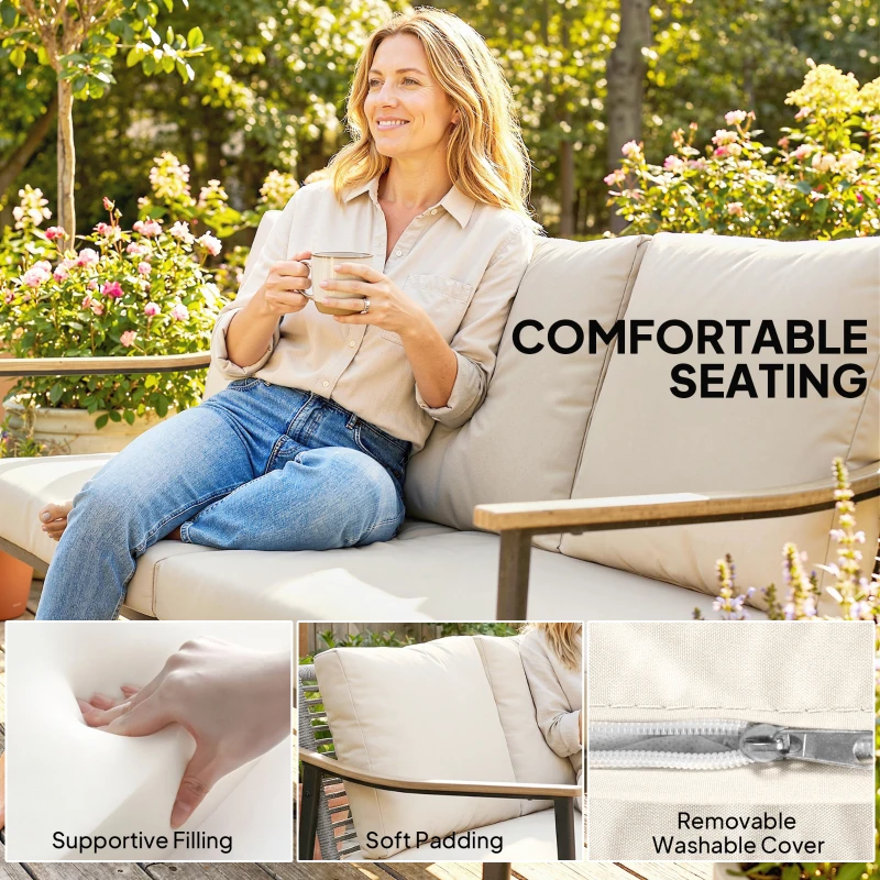 Outsunny 3 Seater Outdoor Patio Sofa, Outdoor Couch with Wood-Effect Armrests, Wicker Backrest, Cushions for Garden Yard, Khaki