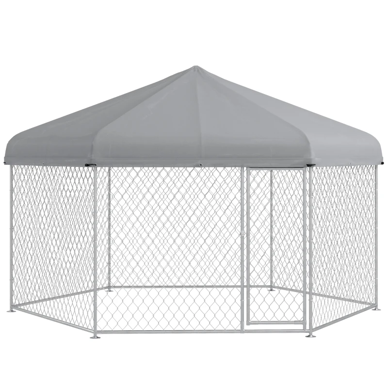 PawHut 13.4' x 11.5' x 8.8' Dog Kennel Outdoor for Medium and Large-Sized Dogs with Waterproof UV Resistant Roof, Silver