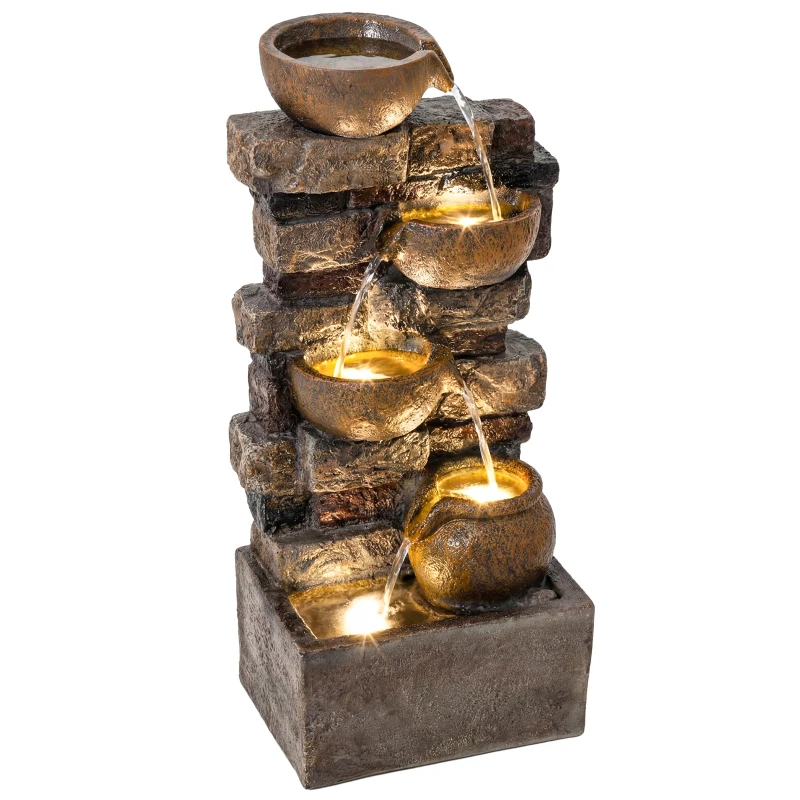 Outsunny 28" Outdoor Fountain with 5-Tier Rustic Jugs, Cascading Waterfall with LED Lights, Adjustable Flow, Rustic Brown
