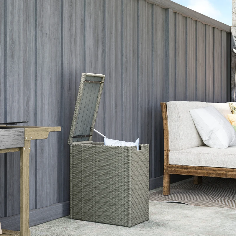 Outsunny 17-Gallon Small Deck Box, Wicker Outdoor Storage Box with Acacia Wood Top for Patio Cushions and Garden Tools, Gray