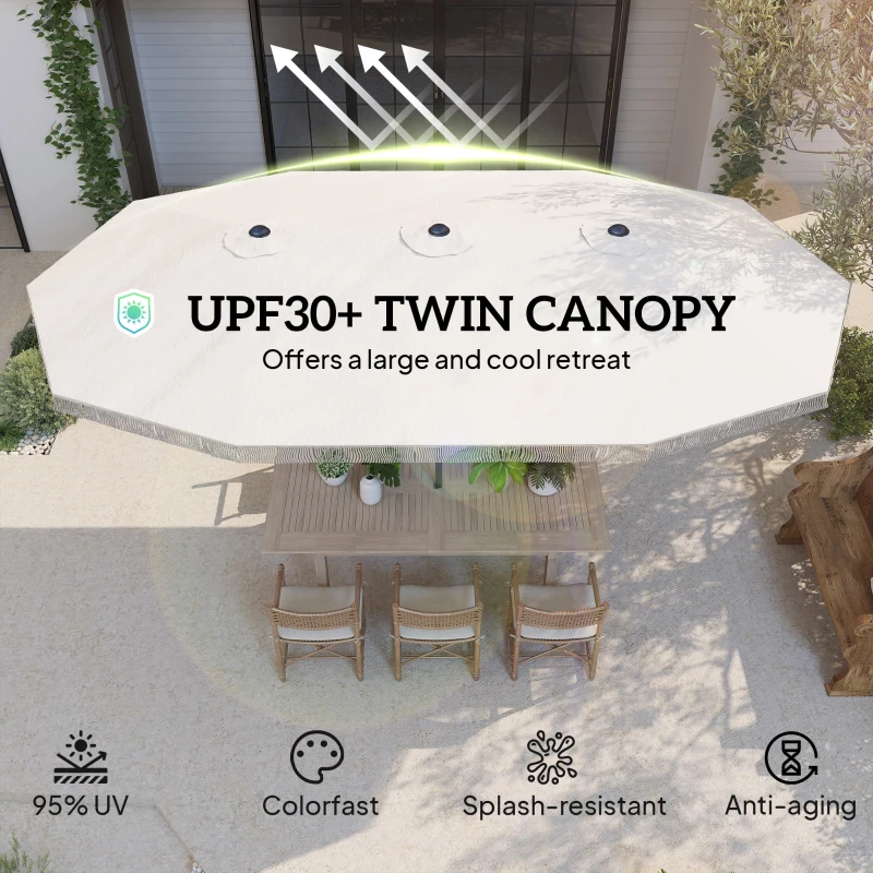 Outsunny 15ft Rectangle Patio Umbrella UPF30+ Extra Large Outdoor Umbrella with Fringe and Crank Handle, Cream White