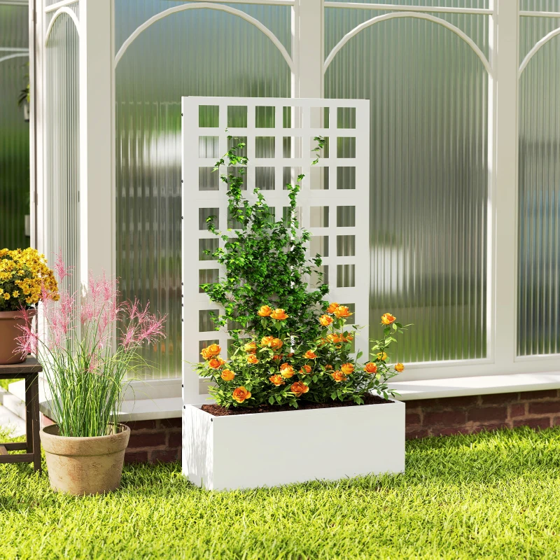 Outsunny Galvanized Raised Garden Bed Planter Box with Trellis for Climbing Plants, Vegetable, Vines, 24" x 9" x 44.5", White