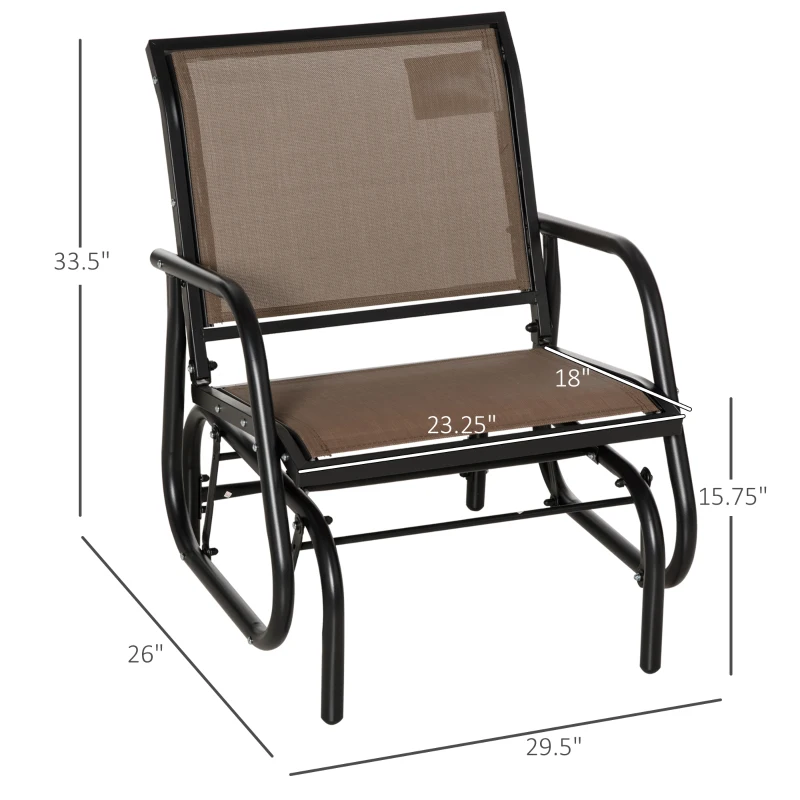 Outsunny 2 Piece Porch Glider Chair Set, Metal Frame Swing Glider Chair with Breathable Mesh Fabric, Curved Armrests and Steel Frame for Garden, Poolside, Backyard, Balcony, Brown