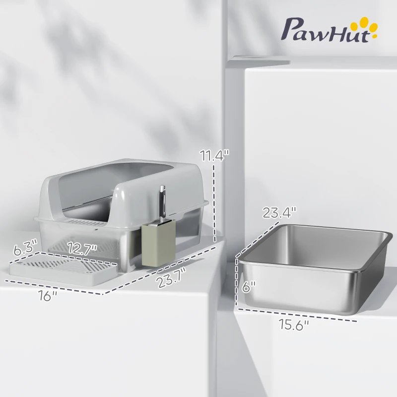 2 Pack High Sided Stainless Steel Litter Box with Metal Scoop & Scoop Holder, for Anti-Urine Leakage, Light Gray
