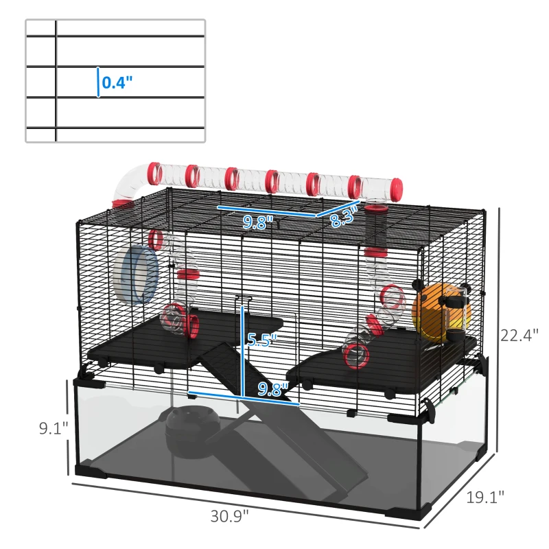 PawHut 31" Hamster Cage with Tube and Tunnel, Deep Glass Bottom
