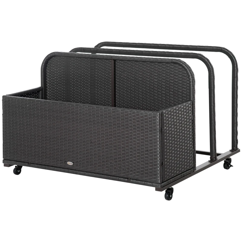 Outsunny Wicker Patio Pool Float Storage Basket, PE Rattan Outdoor Pool Caddy with Rolling Wheels for Floaties, Noodles, Life Vests, Beach Balls, Garden Furniture, Mixed Brown
