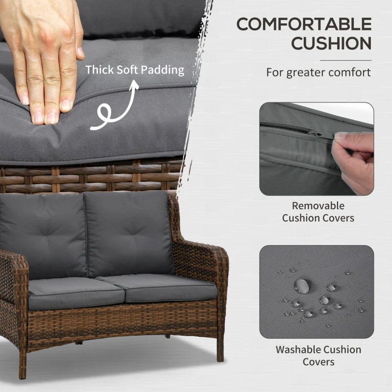 Outsunny 4 Piece PE Rattan Outdoor Patio Furniture Set, Wicker Conversation Set with 2 Swivel Glider Chairs, 2-Tier Glass Table and Loveseat for Garden, Patio, Poolside, Gray