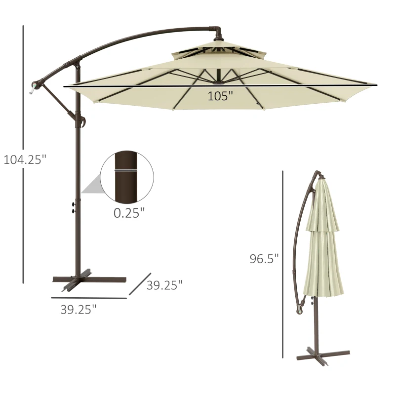 Outsunny 9' 2-Tier Cantilever Umbrella with Crank Handle, Cross Base and 8 Ribs, Garden Patio Offset Umbrella for Backyard, Poolside, and Lawn, Beige