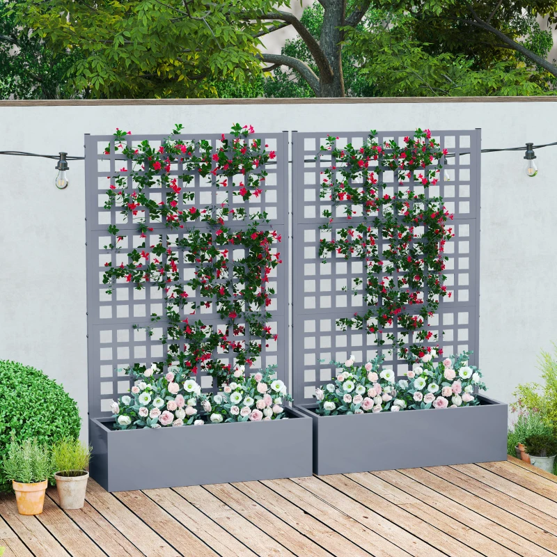 Outsunny Galvanized Raised Garden Bed Planter Box with Trellis for Climbing Plants, Vegetable, Vines, 43" x 16" x 70", Gray
