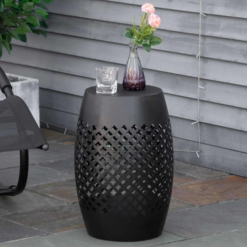 Outsunny 12" Steel Outdoor Side Table, Round Hollow Drum Patio End Table, Accent Table for Indoor and Outdoor, Black
