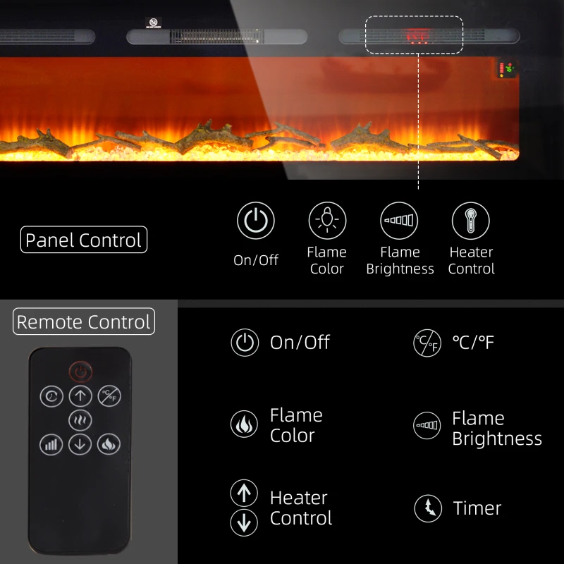 HOMCOM 60" Recessed or Wall Mounted Electric Fireplace Heater with Remote Control, Adjustable Flame Color and Brightness