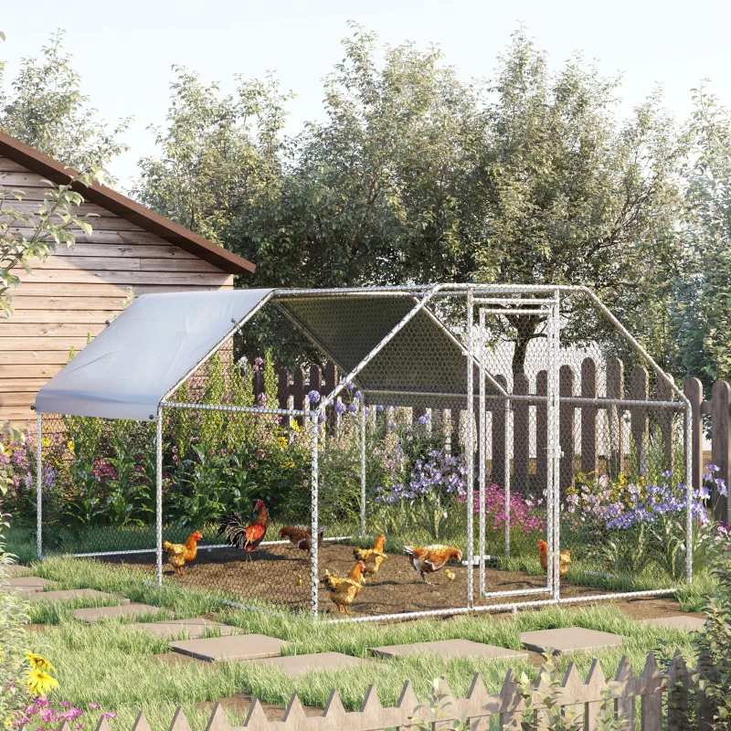 PawHut Large Chicken Coop Metal Chicken Run for Chickens with Waterproof and Anti-UV Cover, Flat Shaped Walk in Fence Cage Hen House for Outdoor and Yard Farm Use, 1.26" Dia, 9' x 12' x 6.5'