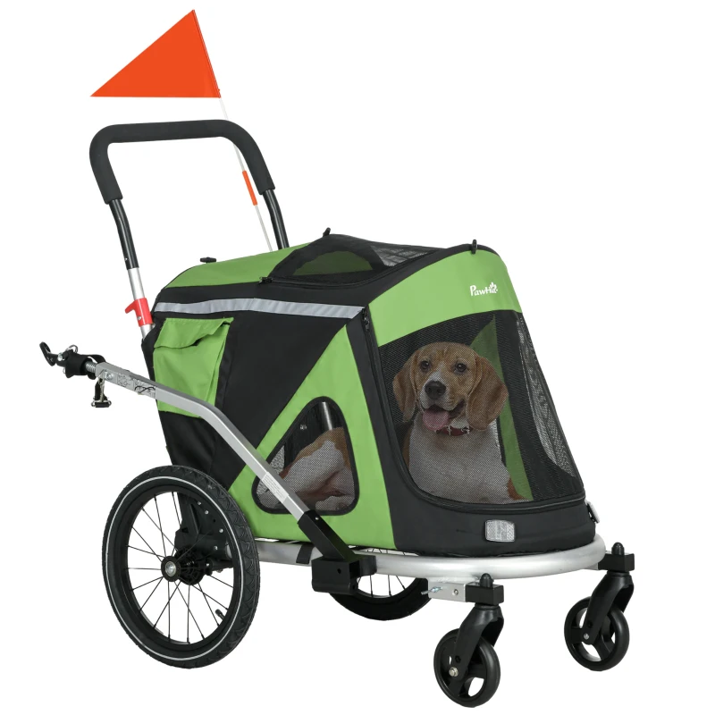 Aosom 2 in 1 Bike Trailer with Aluminum Frame, Quick Release Wheels, Safety Leash, Anti-Slip Mat for Medium Dogs, Green