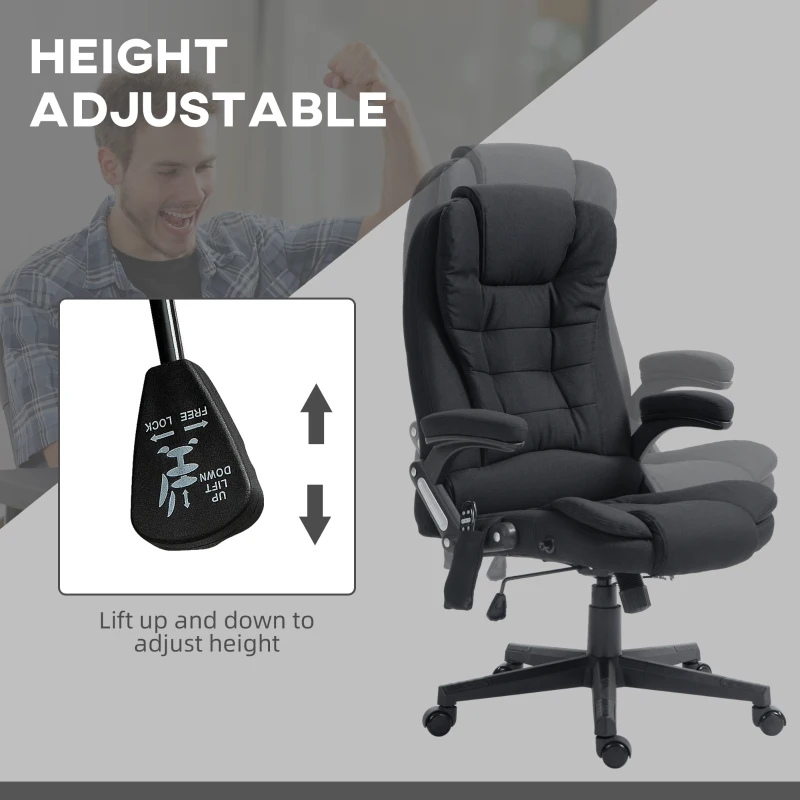 HOMCOM 6 Point Vibrating Massage Office Chair with Heat, Linen High Back Massage Desk Chair with Reclining Backrest, Black