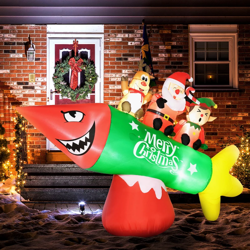 HOMCOM 9' Christmas Inflatables Outdoor Decorations Rocket Carrying Santa Claus, Elf, and Reindeer, Blow-Up LED Yard Christmas Decor, Waterproof