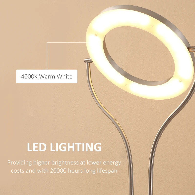 HOMCOM Modern LED 2 Light Floor Lamp, Tall Standing Lamp with Rotatable Ring Light and Height Adjustable Side Light for Living Room or Bedroom, Silver