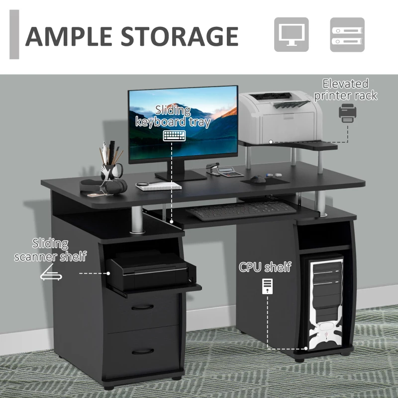 HOMCOM Multi-Function Computer Desk Home Office Workstation with Sliding Keyboard Tray, Elevated Shelf, Drawers and CPU Stand, Black