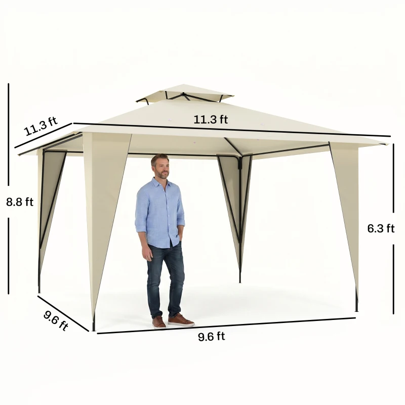 Outsunny 11' x 11' Outdoor Canopy Tent Party Gazebo with Double-Tier Roof, Steel Frame, Included Ground Stakes, Beige