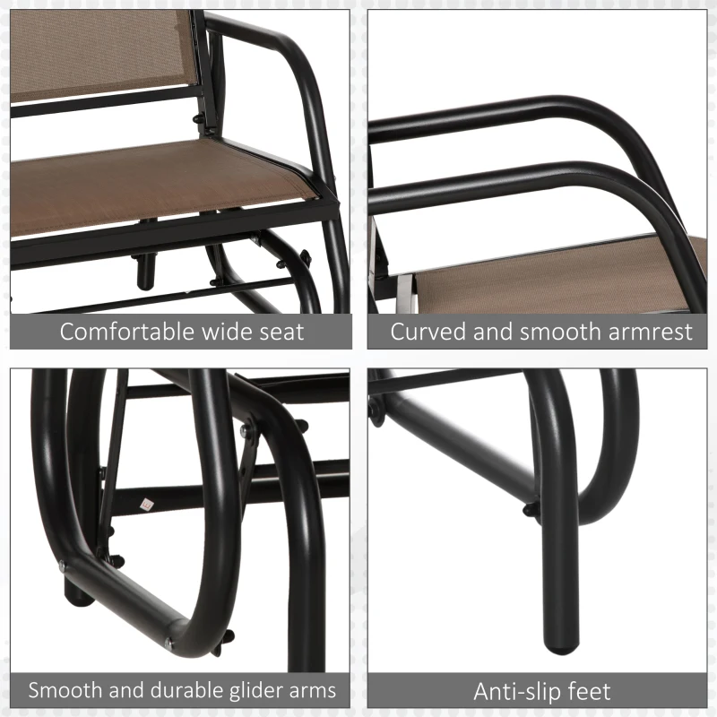 Outsunny 2 Piece Porch Glider Chair Set, Metal Frame Swing Glider Chair with Breathable Mesh Fabric, Curved Armrests and Steel Frame for Garden, Poolside, Backyard, Balcony, Brown