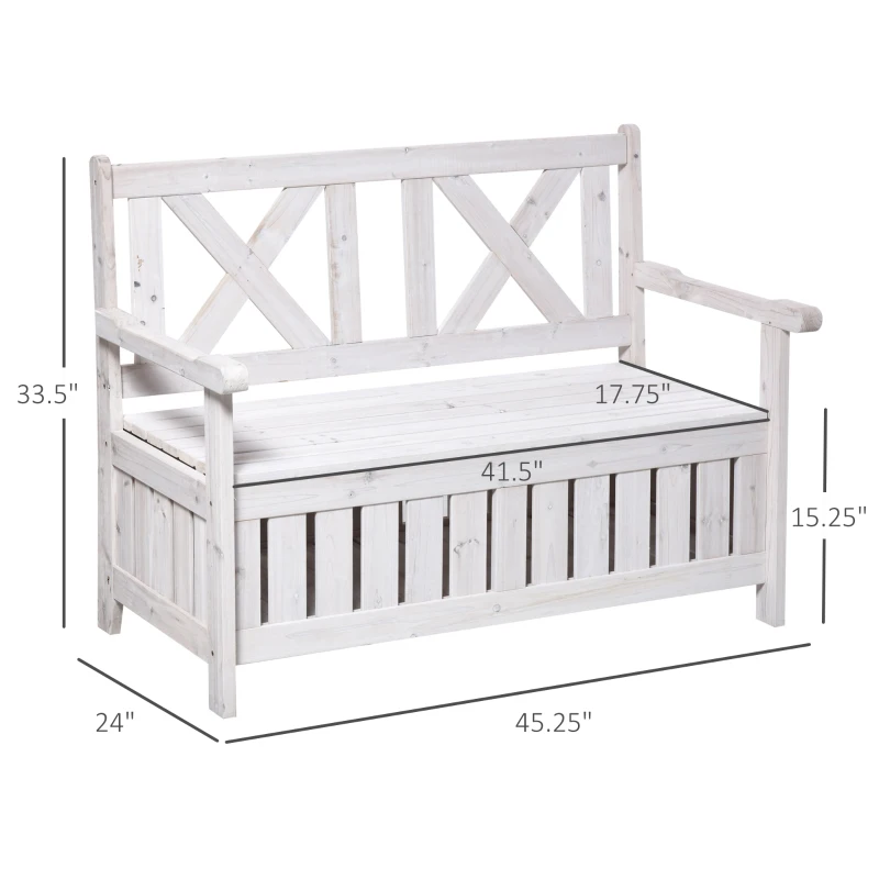 Outsunny Wooden Outdoor Storage Bench 2-Person Backyard Patio Bench with Louvered Side Panels & Wood Build, White