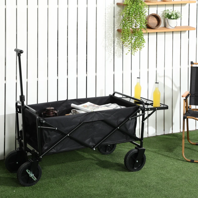 Outsunny Foldable Wagon Garden Carts with Wheels and Side Table, Black