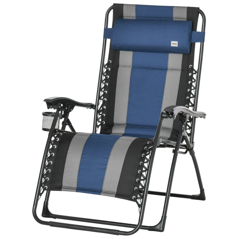 Outsunny XL Oversize Zero Gravity Recliner, Padded Patio Lounger Chair, Folding Chair with Adjustable Backrest, Cup Holder, and Headrest for Backyard, Poolside, Lawn, Striped, Blue