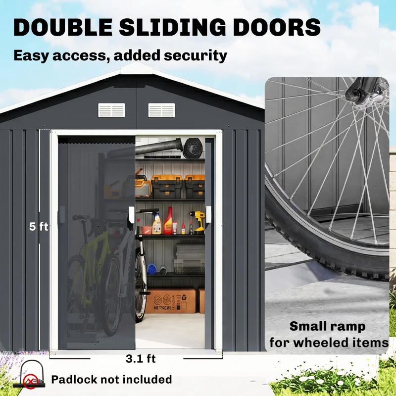 Outsunny 11' x 9' Outdoor Storage Shed, Garden Tool Metal Shed with Foundation Kit, Double Lockable Door, Dark Gray