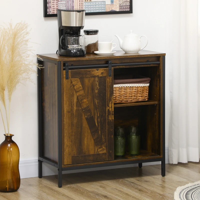 HOMCOM Buffet Cabinet, Farmhouse Sideboard, Bar Cabinet with Adjustable Shelf, Sliding Barn Door for Kitchen, Rustic Brown