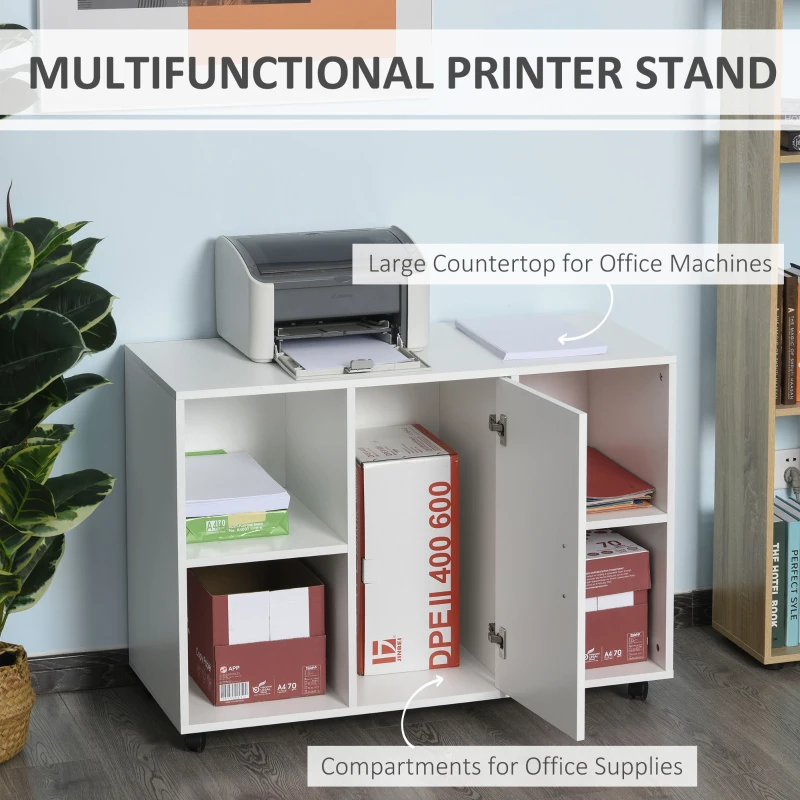 Vinsetto Mobile File Cabinet and Printer Stand for Home Office, Mobile Printer Table with 4 Open Storage Shelves, Door Cabinet, Wheels, White