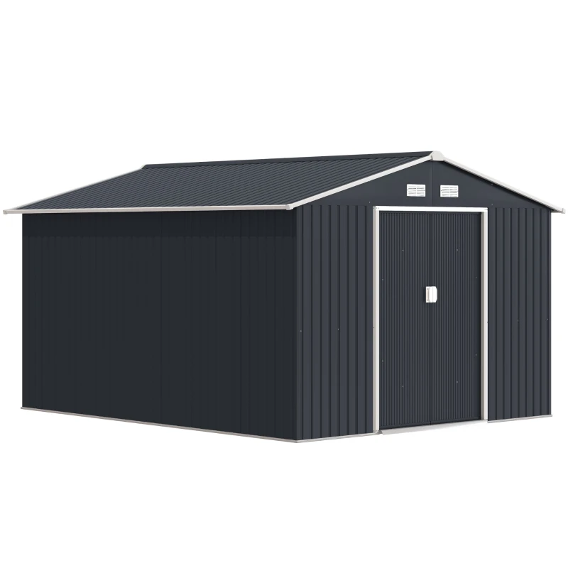 Outsunny 11' x 9' Outdoor Storage Shed, Garden Tool Metal Shed with Foundation Kit, Double Lockable Door, Dark Gray