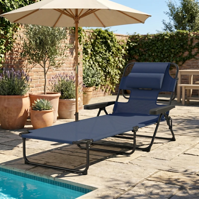 Outsunny Folding Lounge Chair w/ Reclining Back, Navy Blue