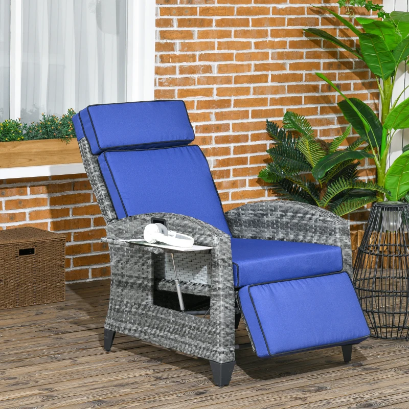 Outsunny Outdoor Recliner Chair with Cushions, Reclining Patio Lounge Chair with Adjustable Footrest, Armrests, Tray Table, Blue