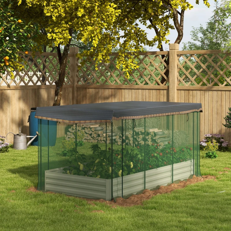 Outsunny Galvanized Steel Planter Box with Crop Cage and Shade Cloth, Raised Garden Bed for Flowers, Veggies and Herbs, Beige