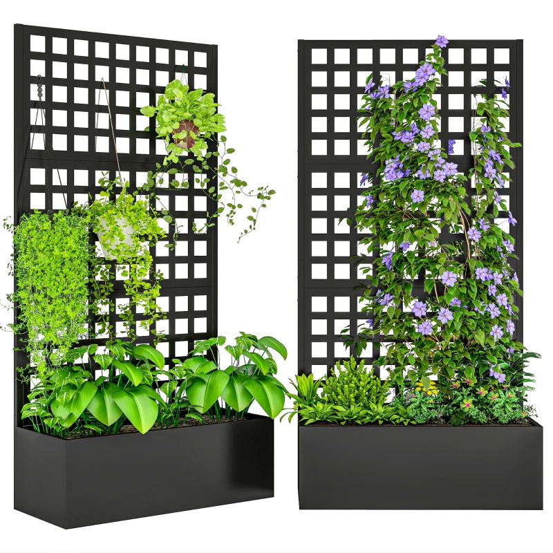 Outsunny Galvanized Raised Garden Bed Planter Box with Trellis for Climbing Plants, Vegetable, Vines, 35" x 16" x 70", Black