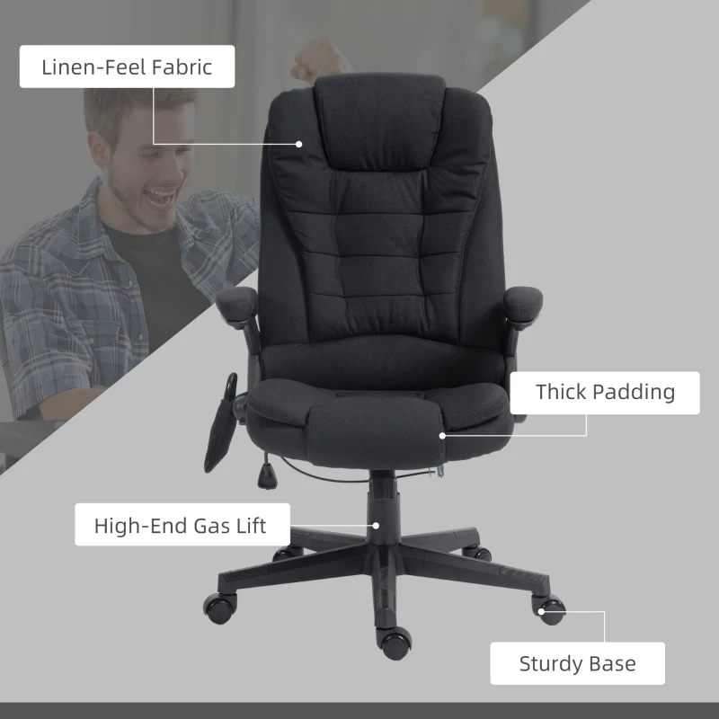 HOMCOM 6 Point Vibrating Massage Office Chair with Heat, Linen High Back Massage Desk Chair with Reclining Backrest, Black