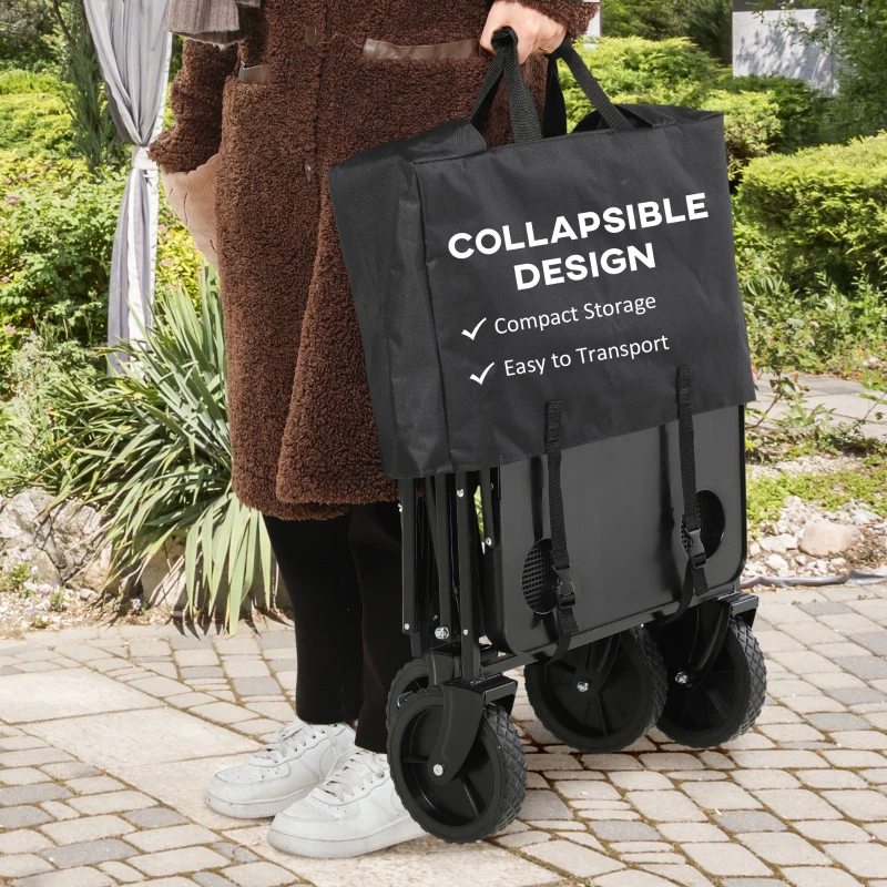 Outsunny Foldable Wagon Garden Carts with Wheels and Side Table, Black