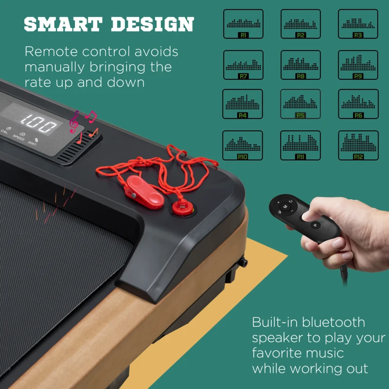 Soozier Wood Walking Pad, Smart Under Desk Treadmill, Walking Jogging Machine with Blue Tooth Speaker, Remote Control, 12 Pre-Programs, Transport Wheels and LED Display for Home Gym Office