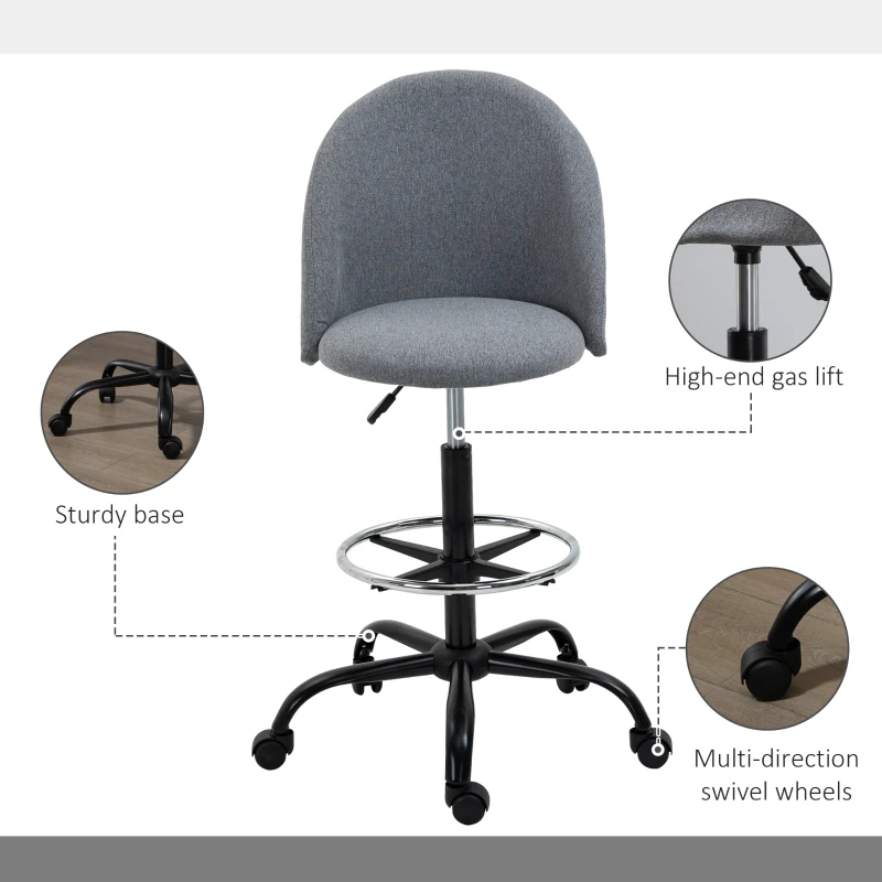 Vinsetto Ergonomic Rolling Drafting Chair for Standing Desk, Linen Office Stool with Adjustable Foot Ring and Steel Base
