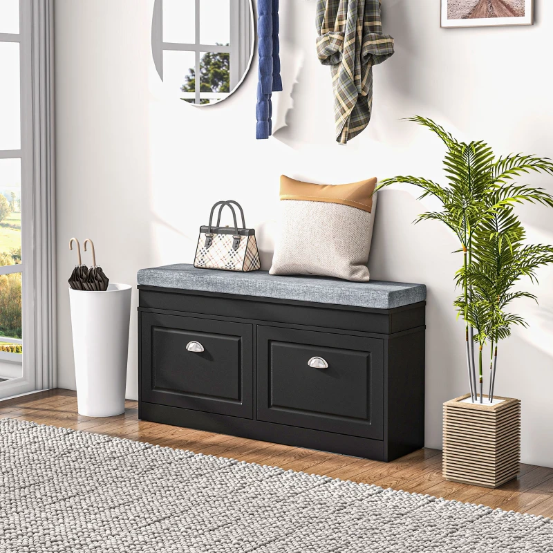 HOMCOM Modern Shoe Storage Bench, Entry Way Bench with Cushion, 2 Drawers, Storage Ottoman Bench, Holds 8 Pairs, Black