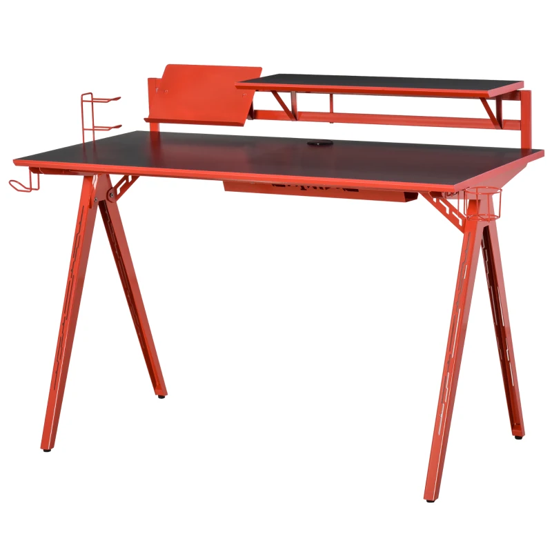 HOMCOM 53" Gaming Desk, Racing Computer Desk with Monitor Shelf, Gamepad Rack, Cup Holder, Headphone Hook, and Cable Basket, Red
