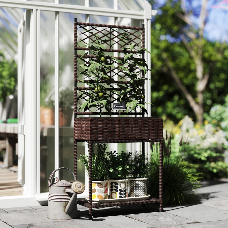Outsunny Outdoor Wicker Planter with Trellis for Climbing Plants, Freestanding Rattan Garden Box with Storage Shelf, Brown
