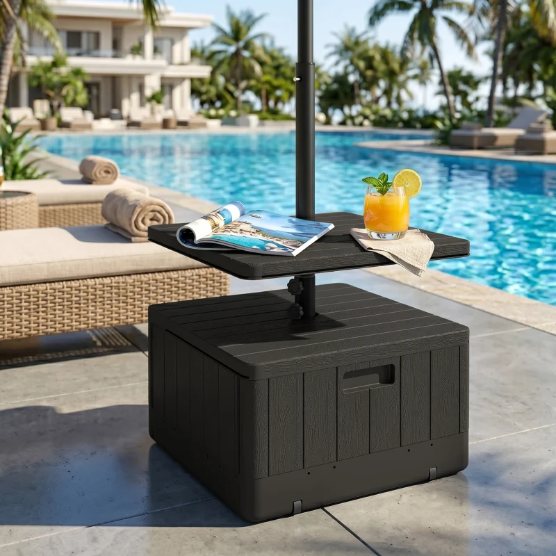 Outsunny Patio Umbrella Base with Table Tray, Heavy Duty Weighted Umbrella Stand，Wheels Handles, 176lbs，Stand Filling, Black