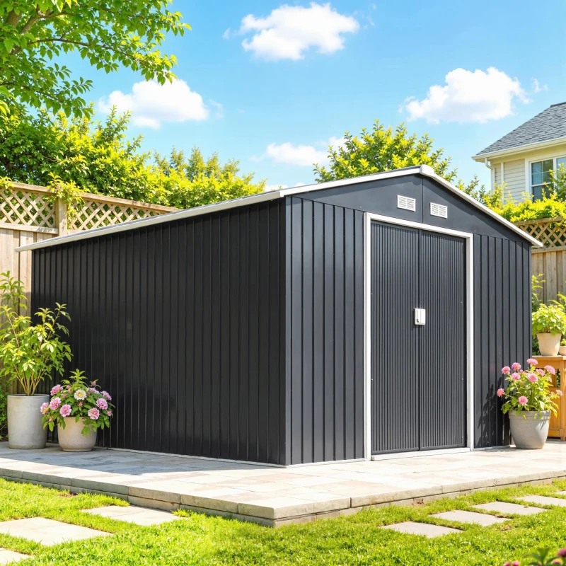 Outsunny 11' x 9' Outdoor Storage Shed, Garden Tool Metal Shed with Foundation Kit, Double Lockable Door, Dark Gray